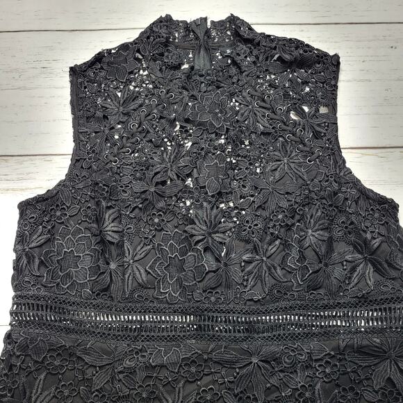 Bardot Paris Lace Applique Mini Dress Black Floral Cutout Mock Neck Sheer 10 - Picture 5 of 9